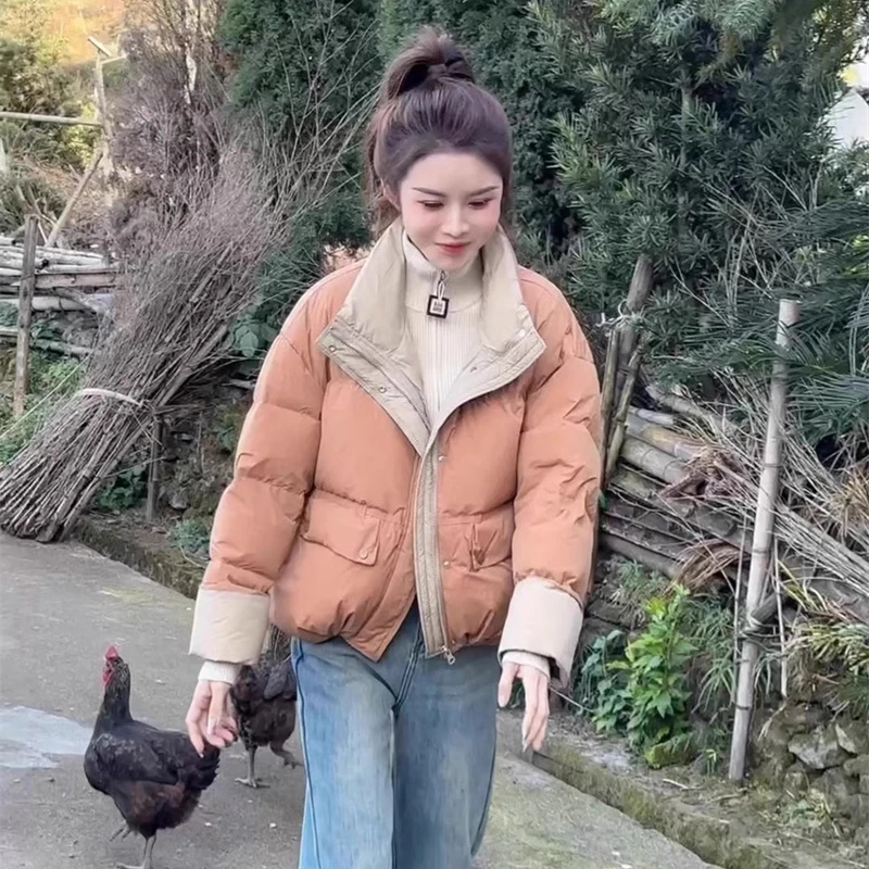 拼色短款棉服女冬季韩版小个子百搭设计感保暖加厚面包服棉衣外套
