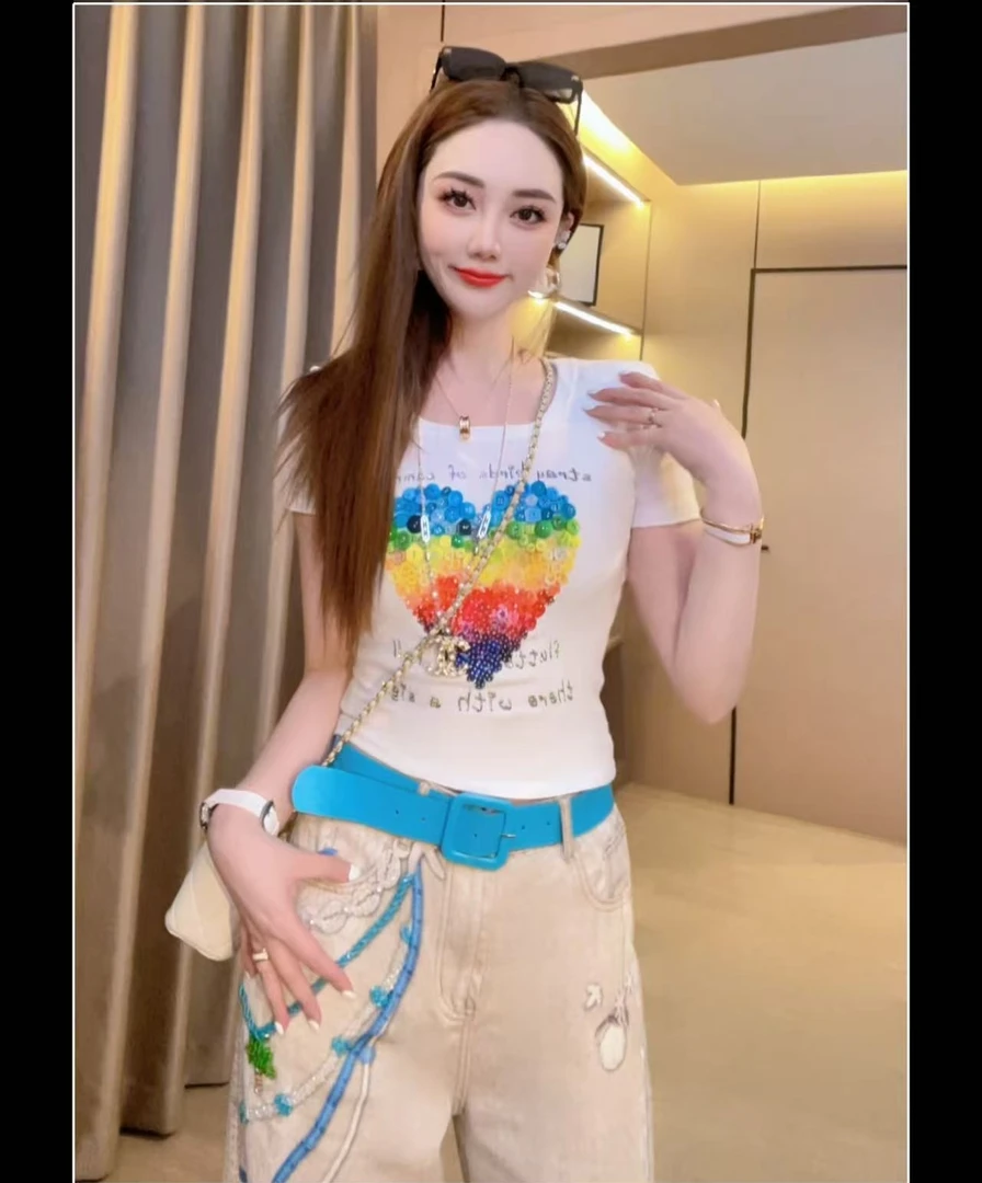 【彩虹糖】重工烫钻彩虹爱心短袖夏季纯欲修身显瘦上衣