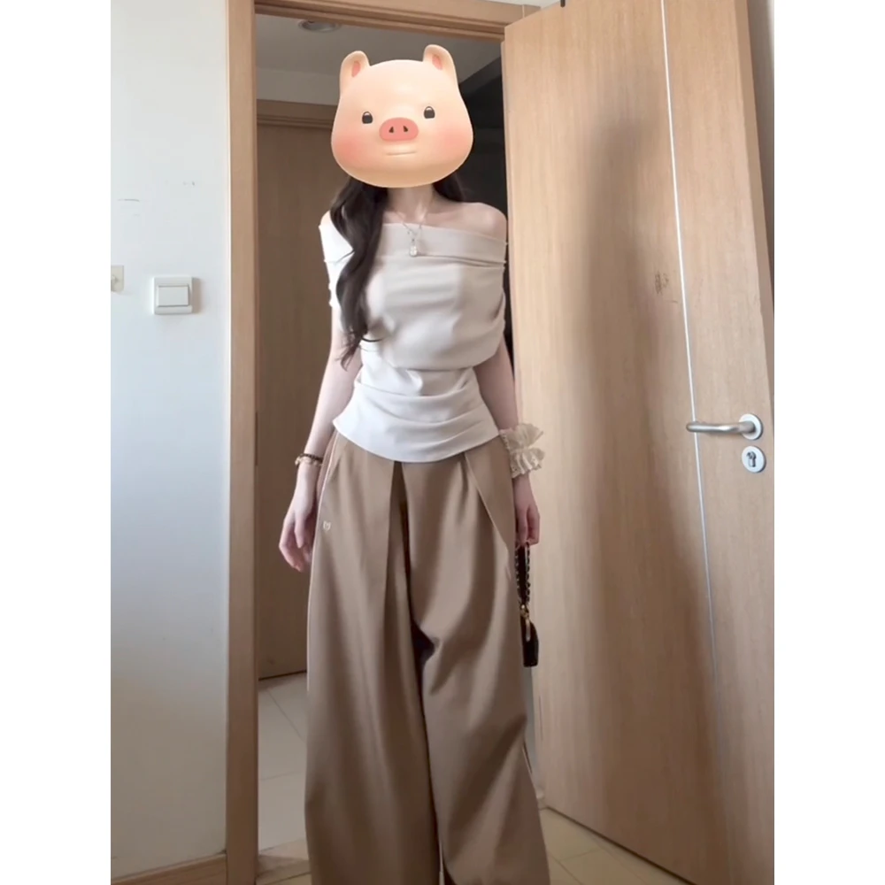 斜肩露肩T恤收腰不规则褶皱设计气质上衣阔腿裤高级感套装女夏季