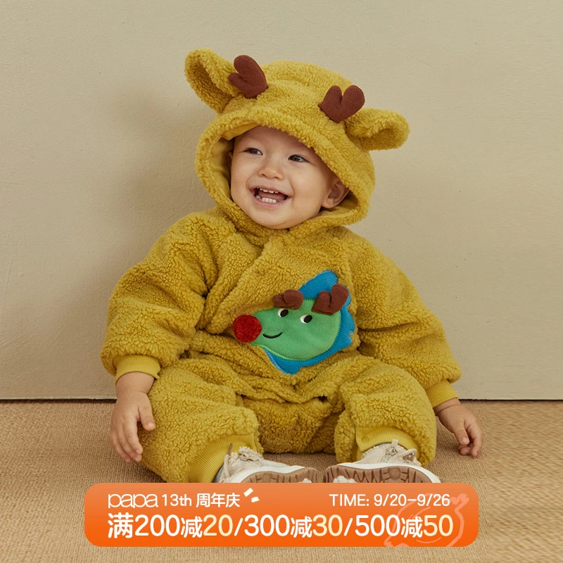 papa爬爬宝宝冬季连帽加厚加绒龙头爬服外穿连身衣