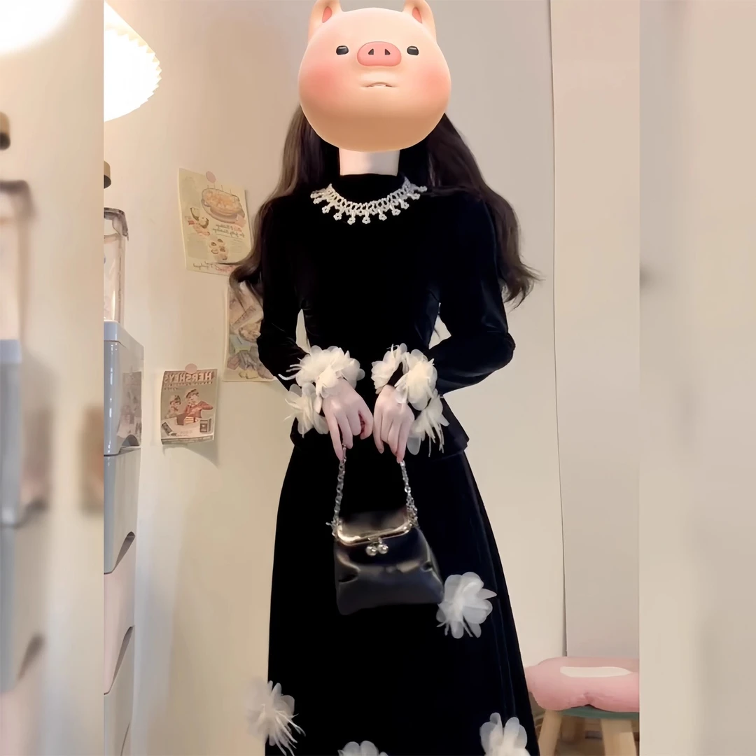 高端精致黑色丝绒连衣裙两件套装女赫本风长袖气质长裙大女主气场