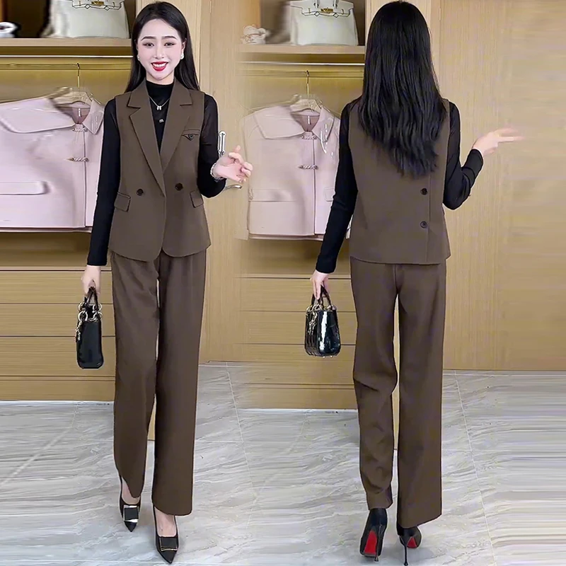 时尚套装女2025春季新款洋气显瘦减龄马甲打底衫阔腿裤三件套