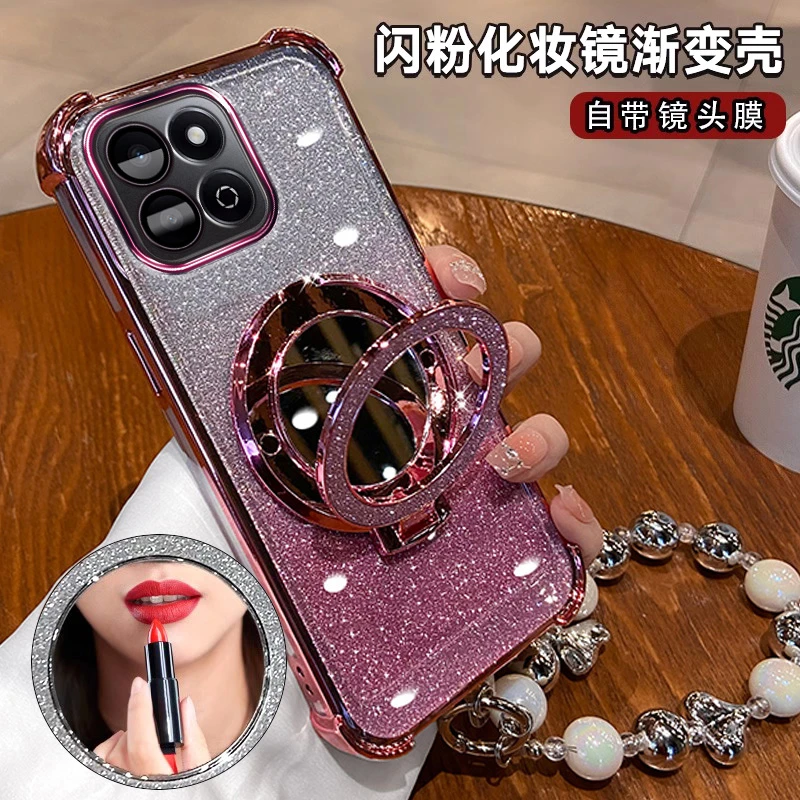 适用华为荣耀畅玩60plus手机壳ALT-AN00闪粉化妆镜全包边软胶防摔