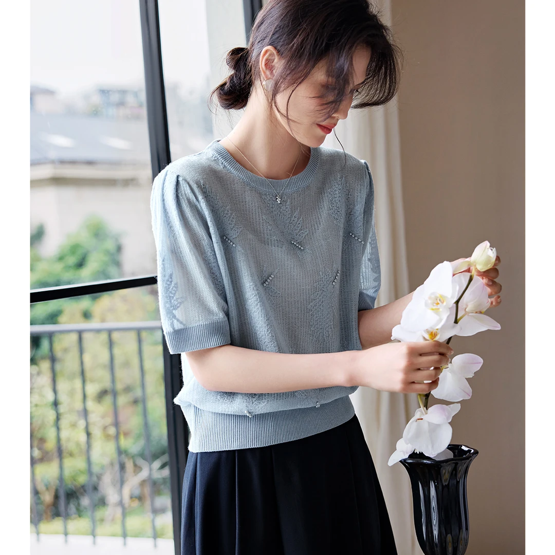 XWI/欣未25夏季新款清新提花时尚百搭气质优雅短款显瘦针织衫8006