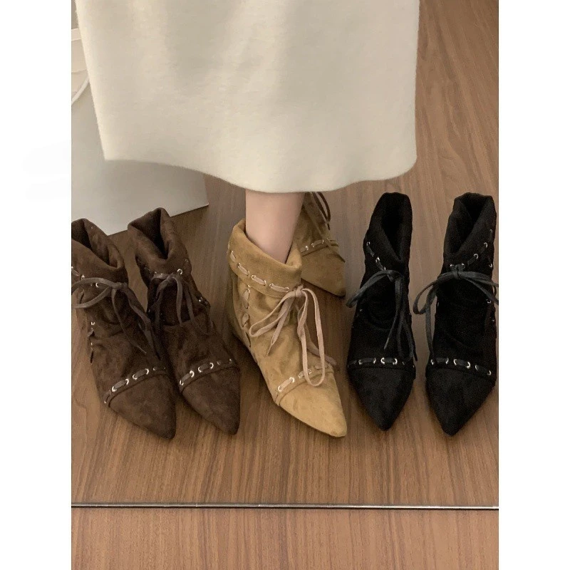 复古小众设计感内增高尖头西部牛仔靴2025新款短靴女短筒堆堆靴子
