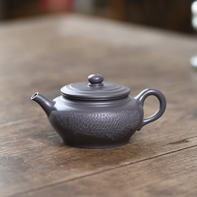 宜兴紫砂半手工茶壶天青泥博古鱼乐中式工夫茶茶壶茶具正品紫砂壶