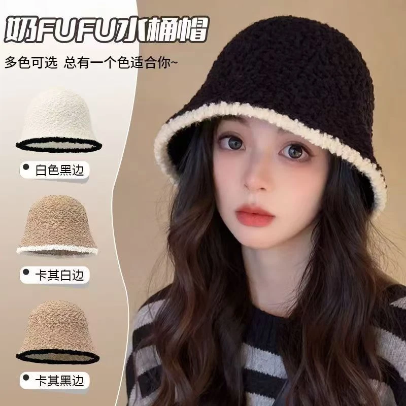 渔夫帽针织毛绒女秋冬保暖大头围水桶帽日系显脸小帽子百搭大脸潮