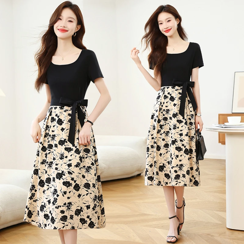 实拍冰爽澳棉蜂腰比例方领拼接碎花洋气连衣裙女复古印花收腰长裙