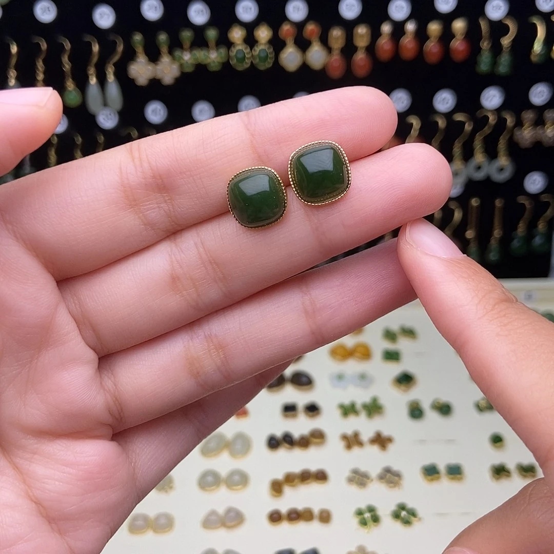 和田玉银S925镶嵌耳饰