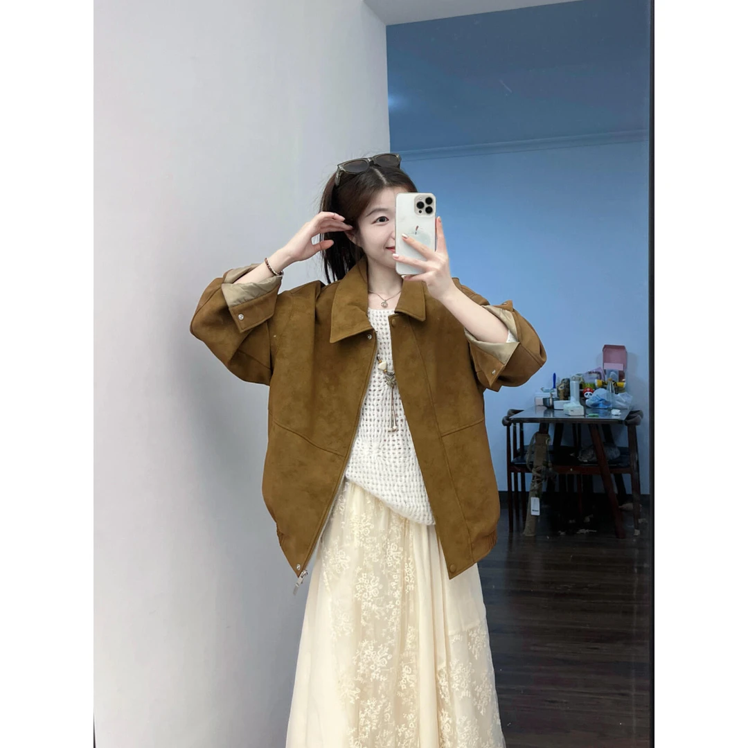 美式复古棕色鹿皮绒短款外套女秋季气质高级感休闲机车服夹克上衣