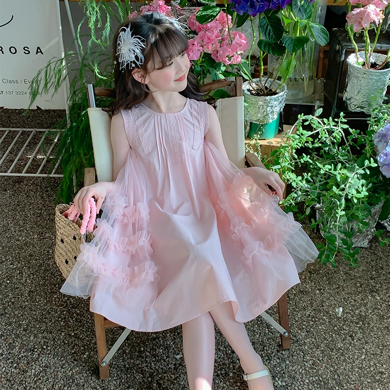 女童黄色连衣裙夏装2025新款大童甜美花边背心裙儿童公主裙沙滩裙