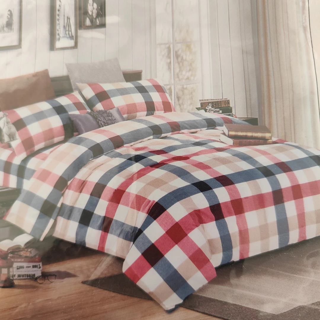 红中格高品质纯棉水洗棉蓝红白色格子四件套