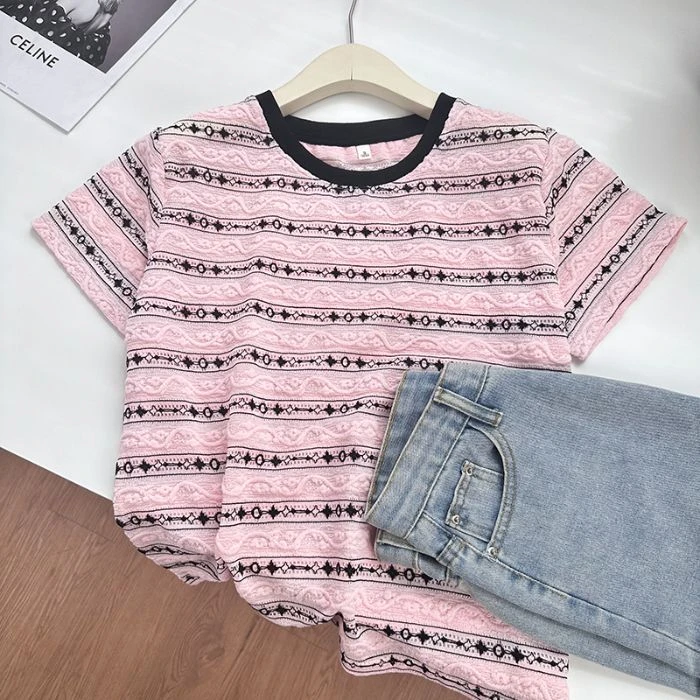 大码女装条纹新款夏季提花短袖T恤女女生休闲通勤百搭宽松