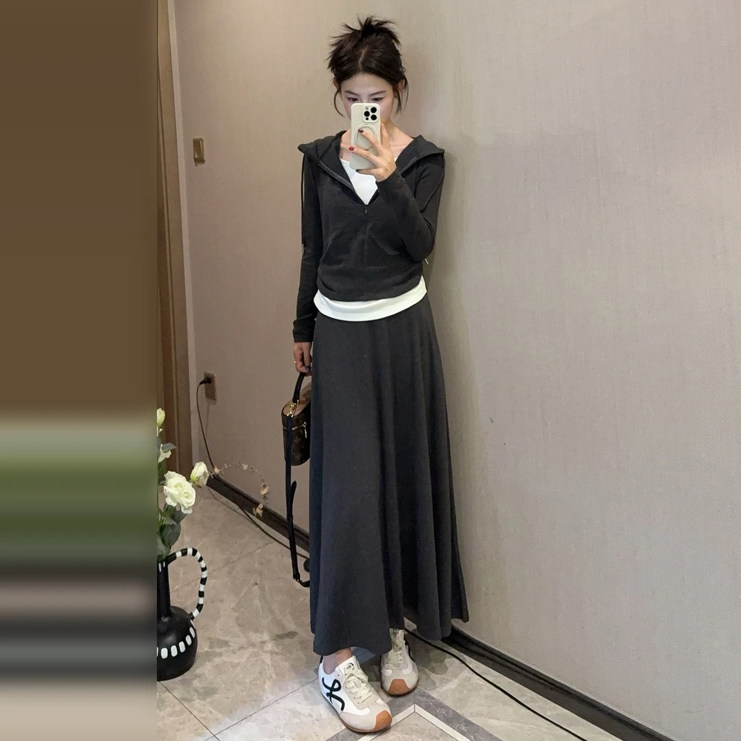 秋冬减龄穿搭一整套韩系时尚洋气休闲高级感连帽卫衣半身裙两件套