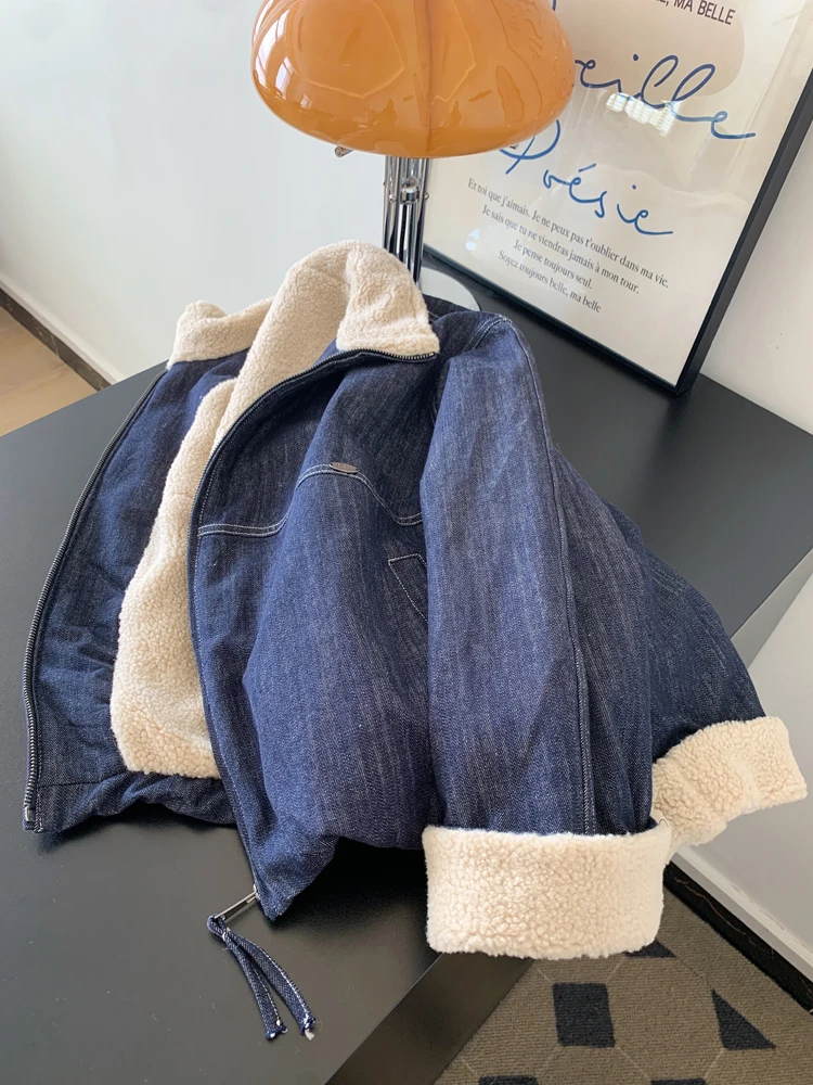 设计感翻领牛仔外套女2025秋冬季新款加绒拉链宽松显瘦保暖上衣潮