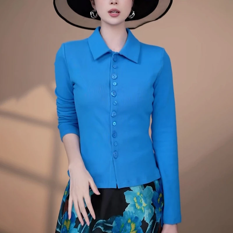 2025秋季新款蓝色长袖衬衫女轻奢高级感洋气减龄休闲收腰显瘦上衣
