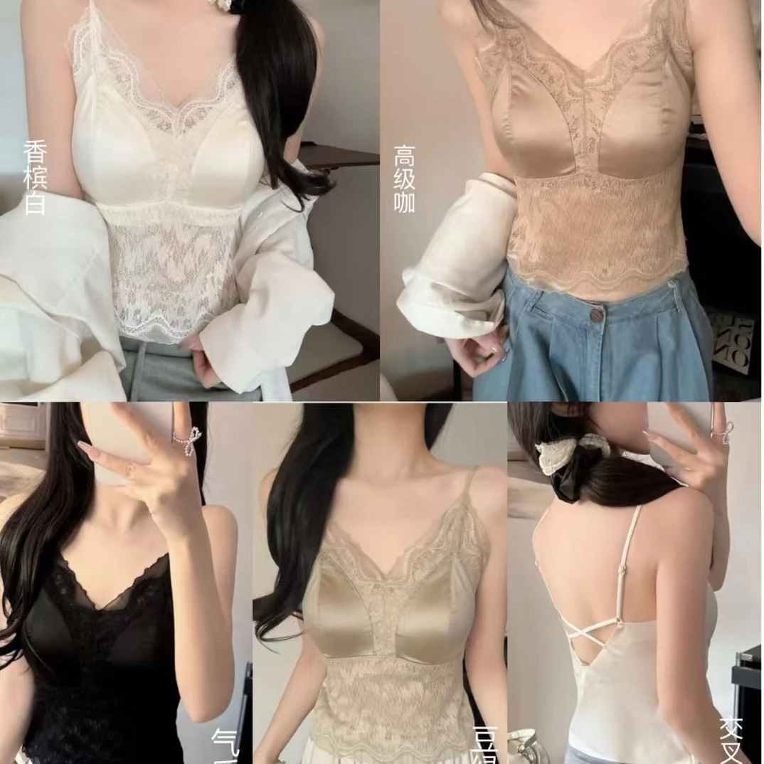 法式蕾丝缎面美背吊带背心带胸垫内搭外穿修身显瘦