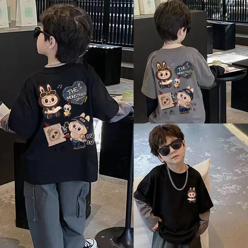 拉布布儿童纯棉t恤男童假两件帅气春秋款百搭长袖中小童外穿上衣t