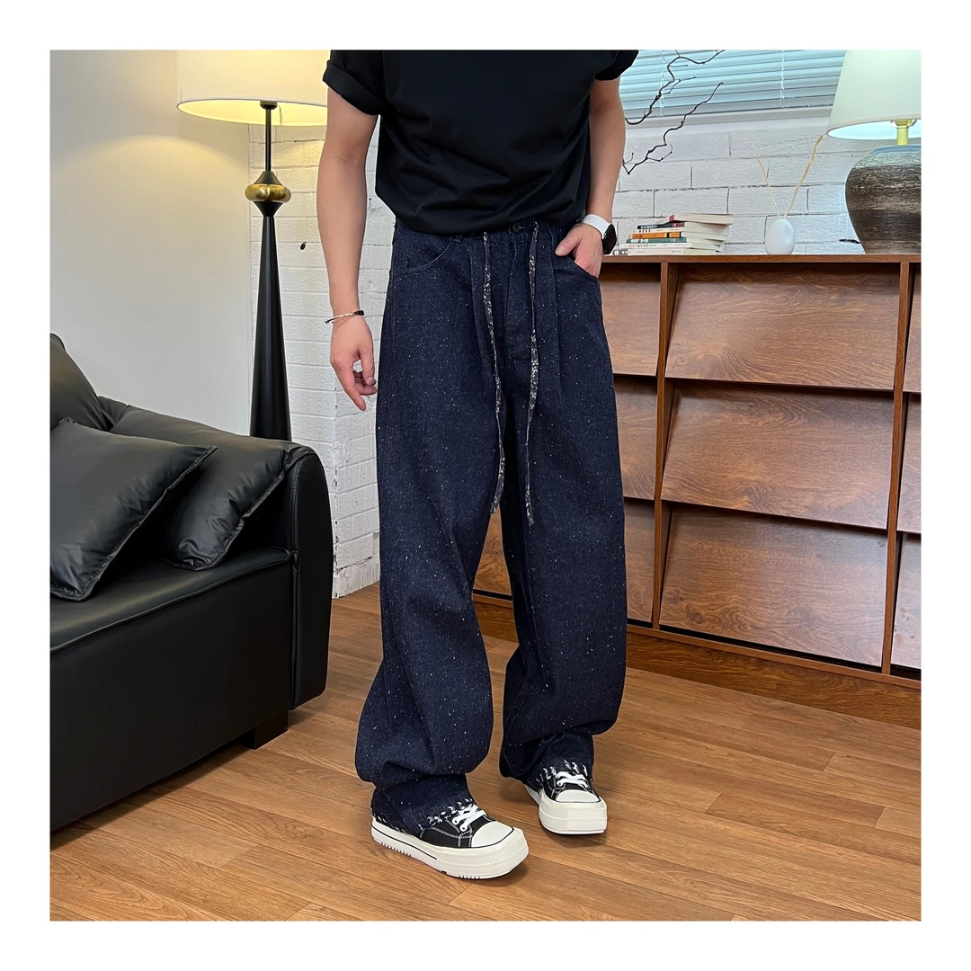 【张茂studio】早秋新款蓝色宽松水洗直筒裤百搭休闲松紧腰牛仔裤子