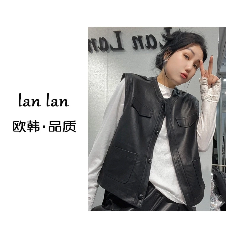 琪琪-春上新【圆纽扣皮马甲】韩版小众复古显瘦时尚皮衣马甲百搭款