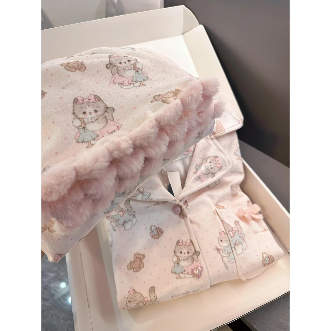 韩版甜美风可爱卡通印花海岛绒睡衣女秋冬长袖长裤休闲家居服套装