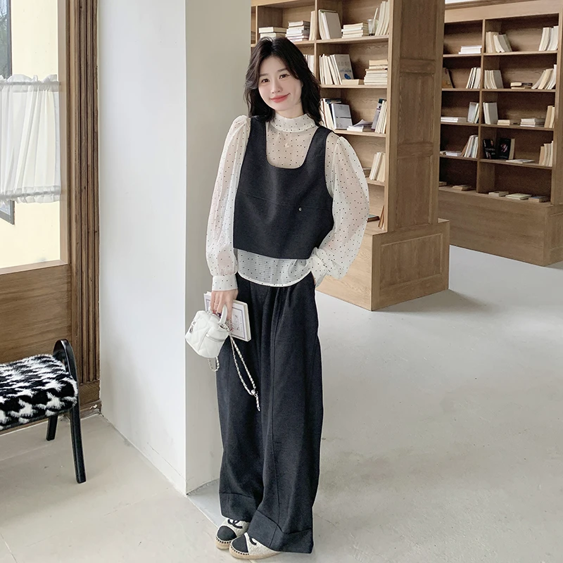 【新品6折】法式穿搭波点衬衫+马甲+休闲裤3件套装春秋小香风减龄