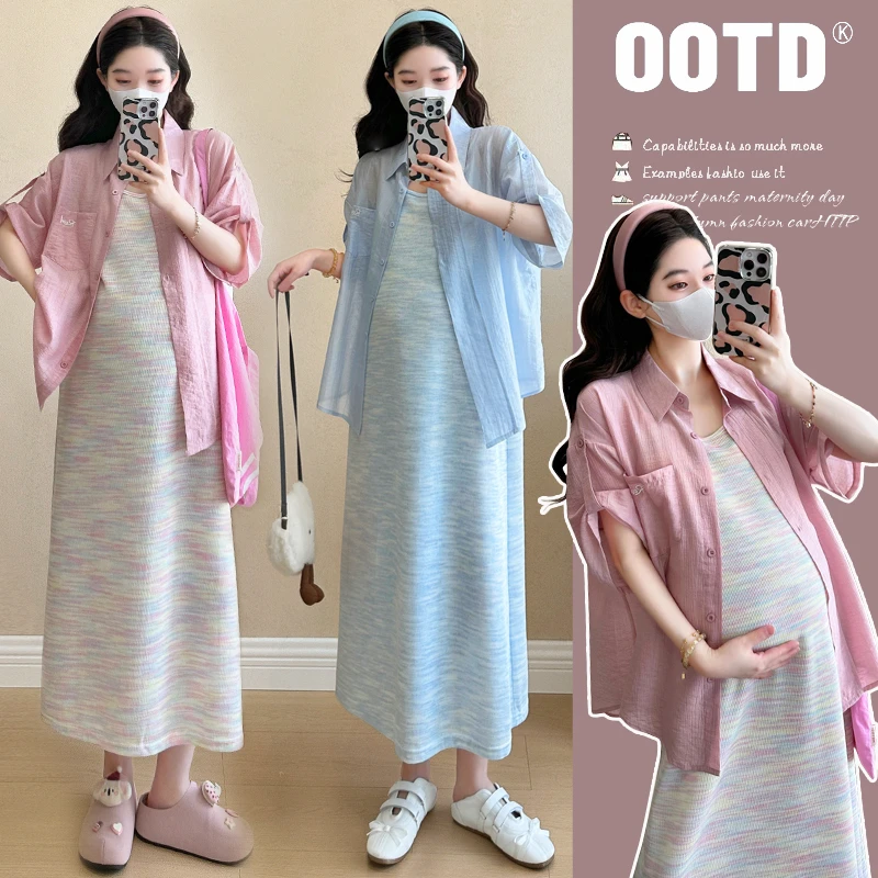 孕妇装2025夏季新款时尚长袖薄款防晒衬衣设计感吊带裙韩版两件套