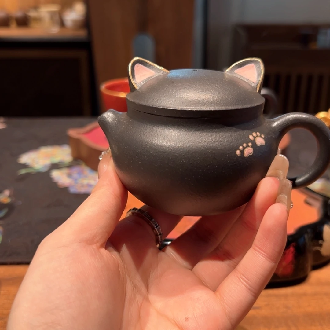 紫砂茶壶天青泥焐灰 黑金猫咪 135ml