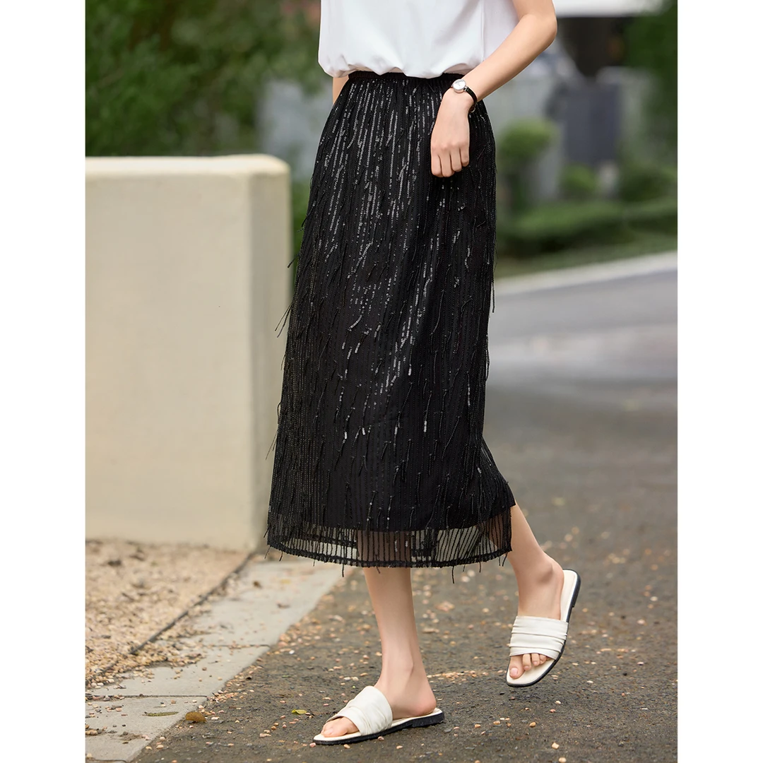 XWI/欣未优雅流苏珠片绣开叉半裙2025年夏气质直筒开叉裙05903