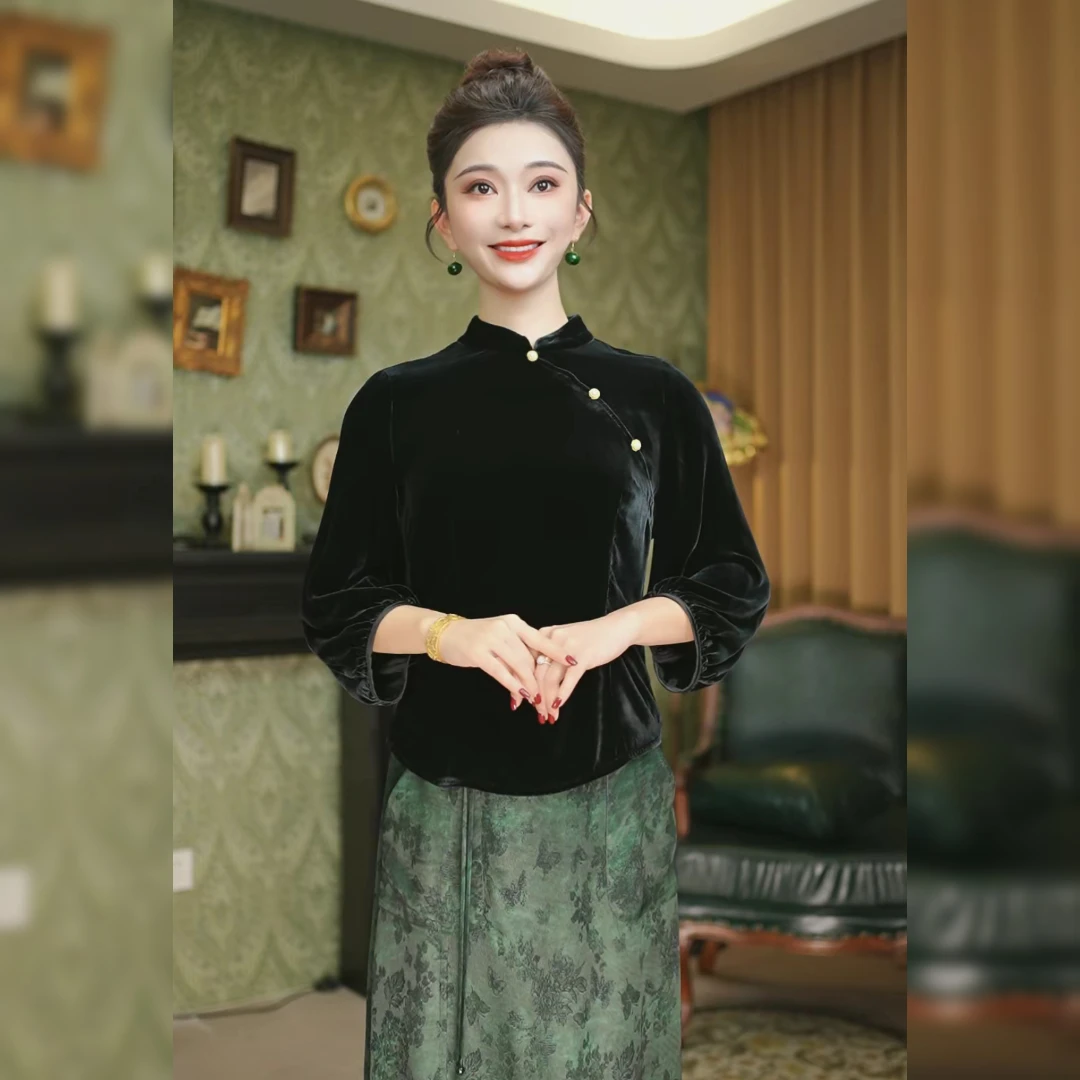 100%桑蚕丝黑色丝绒中式长袖时尚气质国风秋季上衣F9568