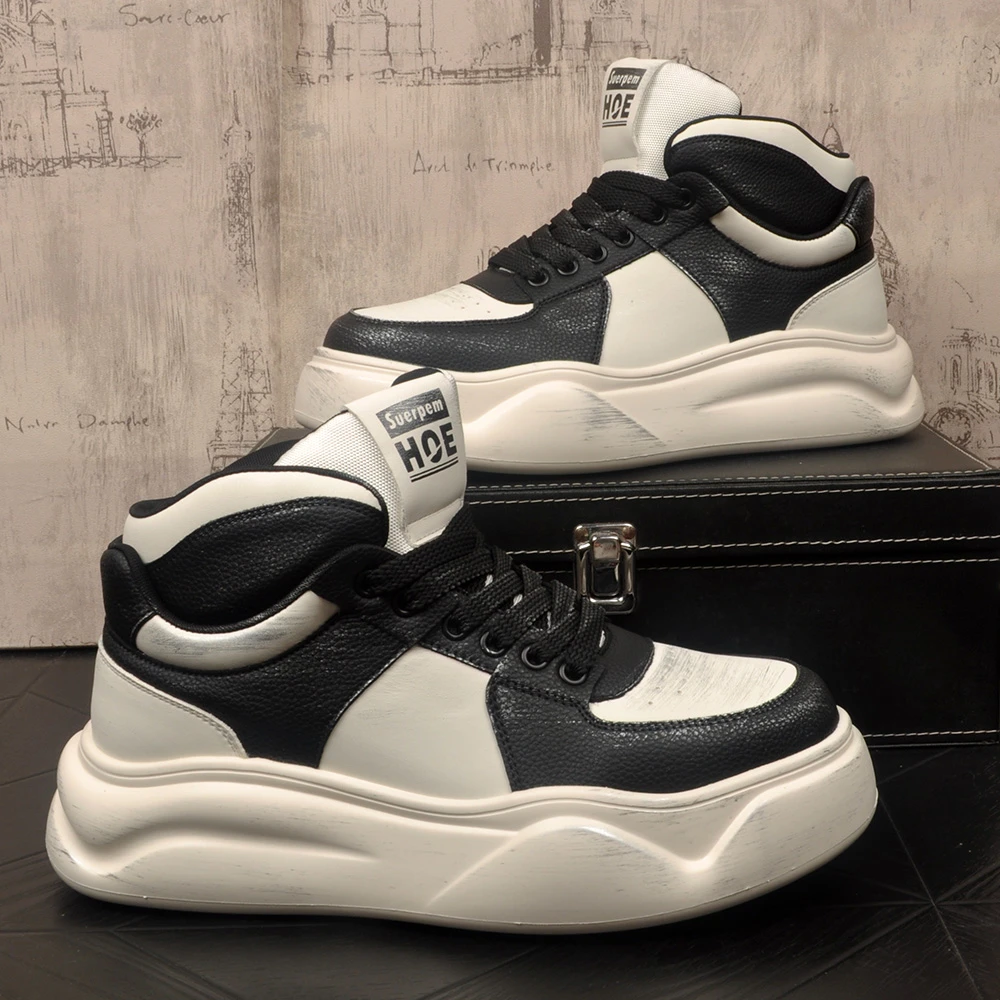 新款真皮牛皮极简风拼色休闲高帮板鞋运动复古保暖皮靴子厚底增高