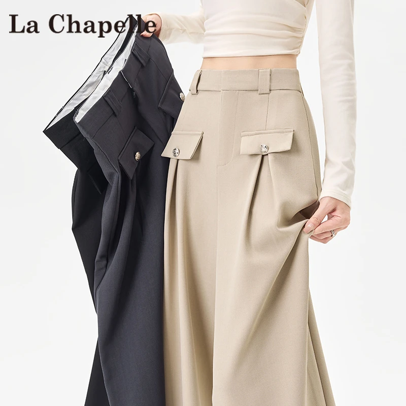 拉夏贝尔高级感西装裤女春秋2025新款假口袋高腰垂感小个子阔腿裤
