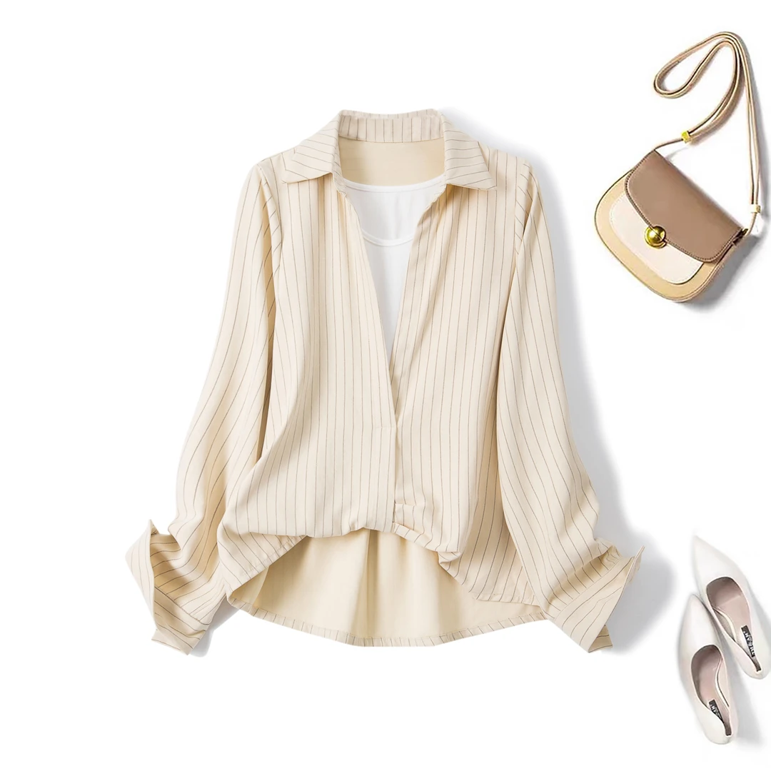 清奥·邦奴 2025秋季新款大码胖mm竖条纹衬衫女叠穿假两件背心内搭