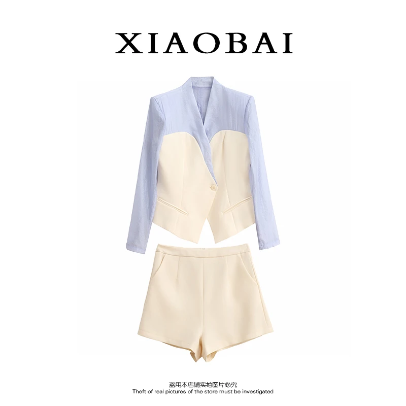 XIAOBAI 早秋拼接精简通勤西装套装法式百搭长袖100醋酸两件套女