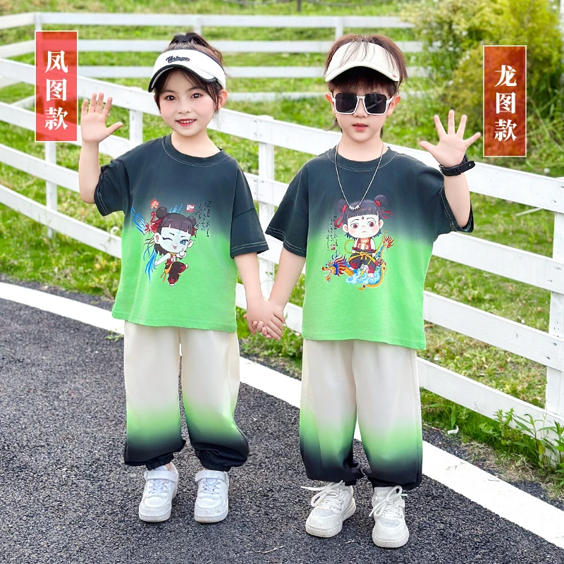 宇轩童宇轩童4276夏季哪吒男童姐弟纯棉薄款短袖吊染套装龙款凤款