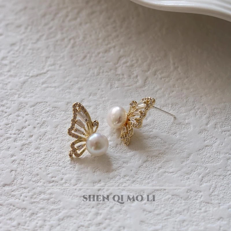 新款天然淡水珍珠蝴蝶耳钉S925银针金色复古耳饰秋冬气质百搭