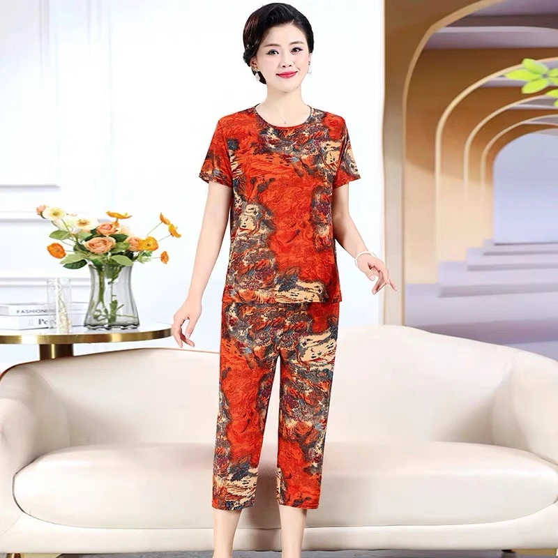2025夏季两件套送母亲妈妈套装冰丝短袖弹力大码宽松大码中老年装