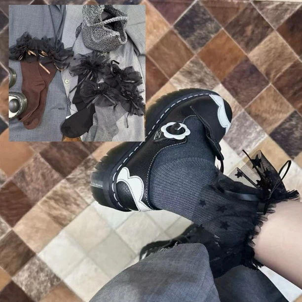 韩版缪风走秀款星星网纱大花边蝴蝶结少女棉中筒堆堆袜女