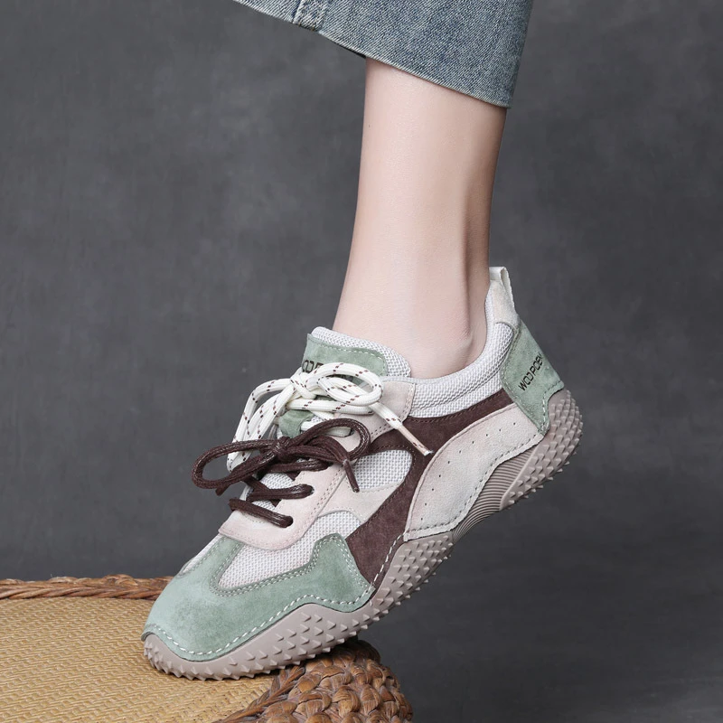 2025秋鞋新款真皮拼色系带休闲女鞋运动风软底鞋平底防滑单鞋