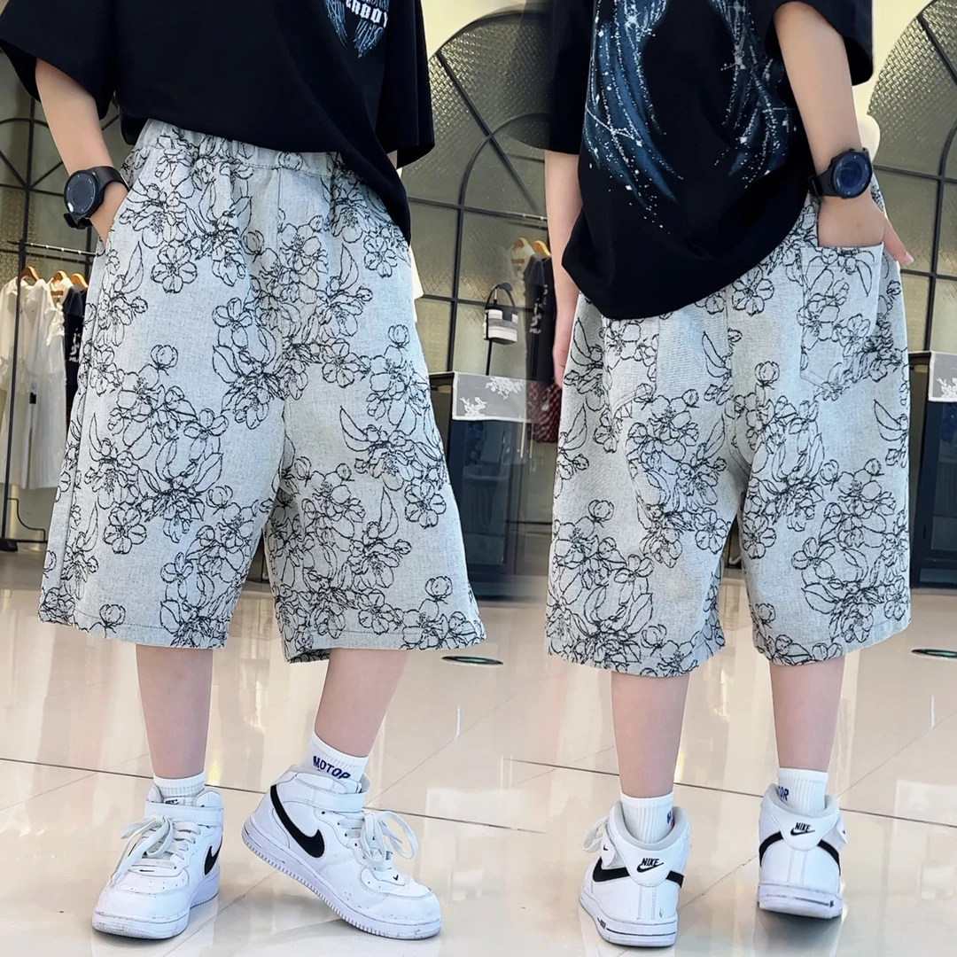男童牛仔短裤夏季薄款中大童碎花时髦痞帅潮酷宽松儿童休闲五分裤