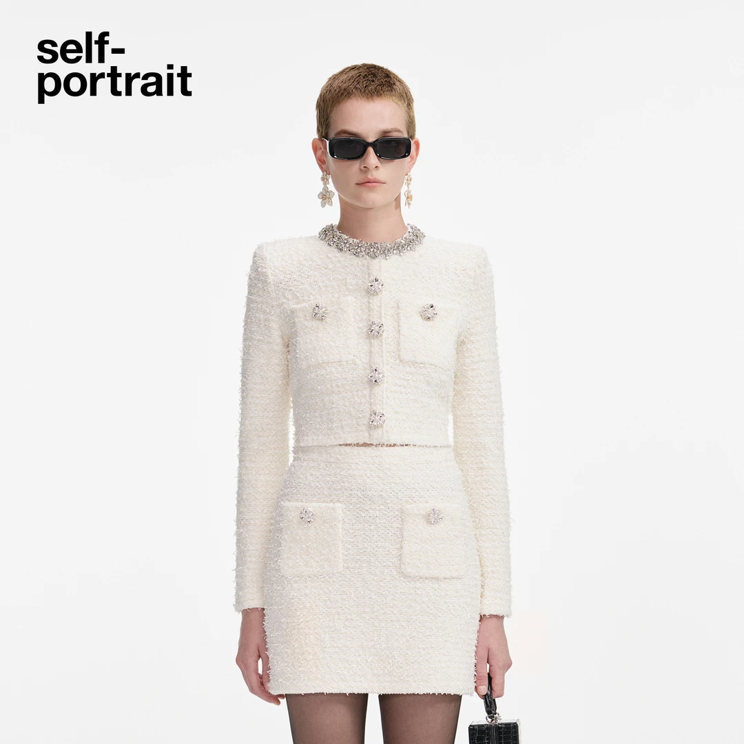 self-portrait 2025秋冬新款象牙白时尚小香风钻饰针织短外套上衣