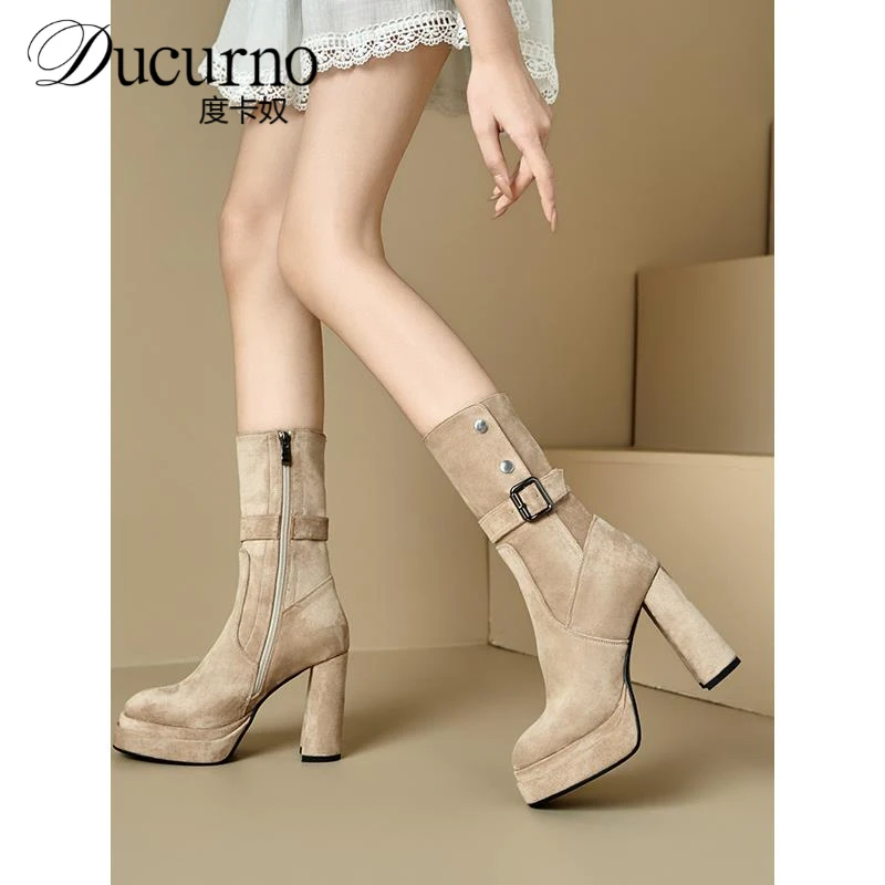 度卡奴2025新款超高跟防水台时尚百搭粗跟中筒舒适牛皮弹力靴单靴