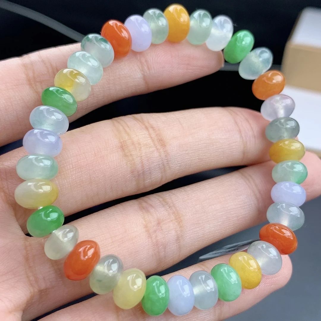 缅甸A货翡翠彩虹多宝算盘鼓珠手链手串单圈1T卡7.4-8mm