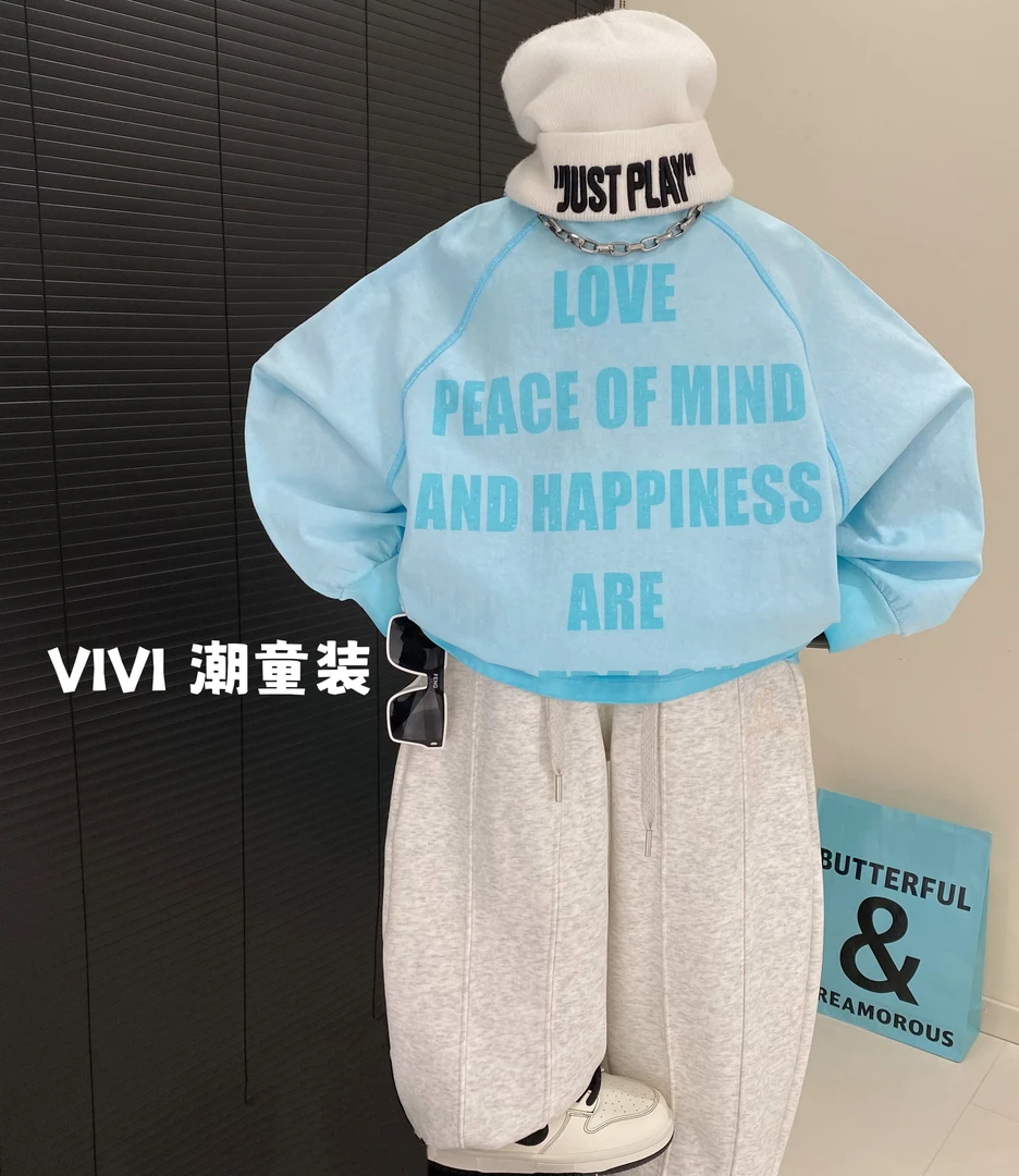 VIVI童装 2025春款潮流中大童时尚洋气蓝色刺绣印花长袖T恤休闲