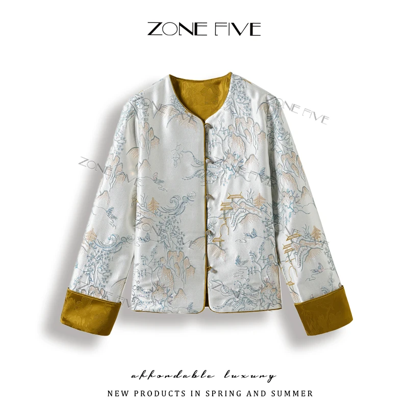 【zonefive】高端新中式撞色圆领提花缎面重工刺绣国风外套
