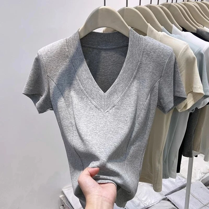 小众V领螺纹短袖T恤女2025夏季新款修身短款显瘦鱼骨收腰上衣3955