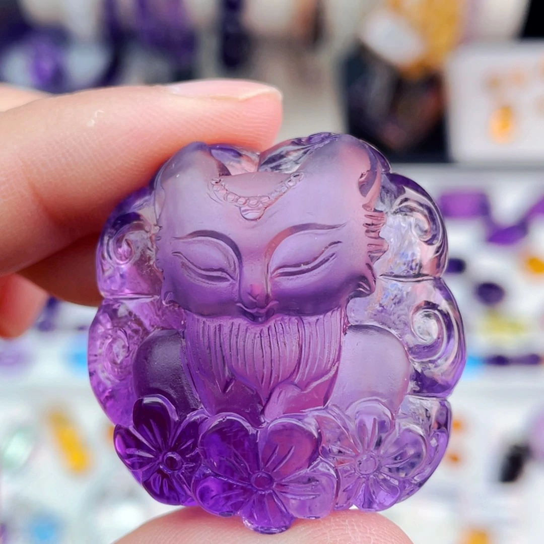 水晶高品质紫水晶雕刻九尾狐未镶嵌