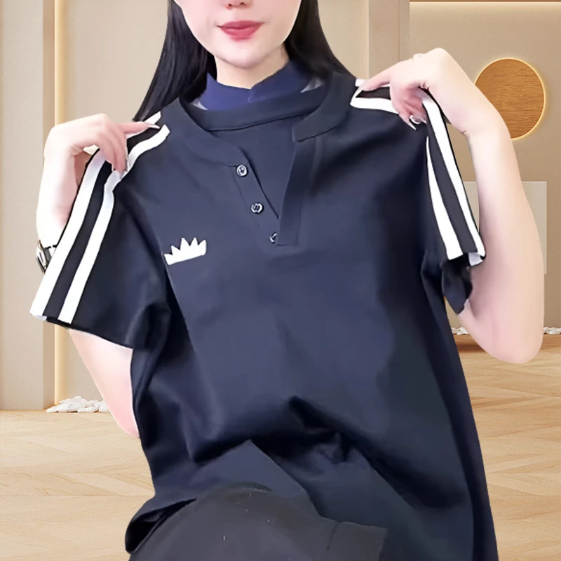 韩版学院风休闲短袖女t恤2025夏季新款小众高级感撞色半纽扣上衣