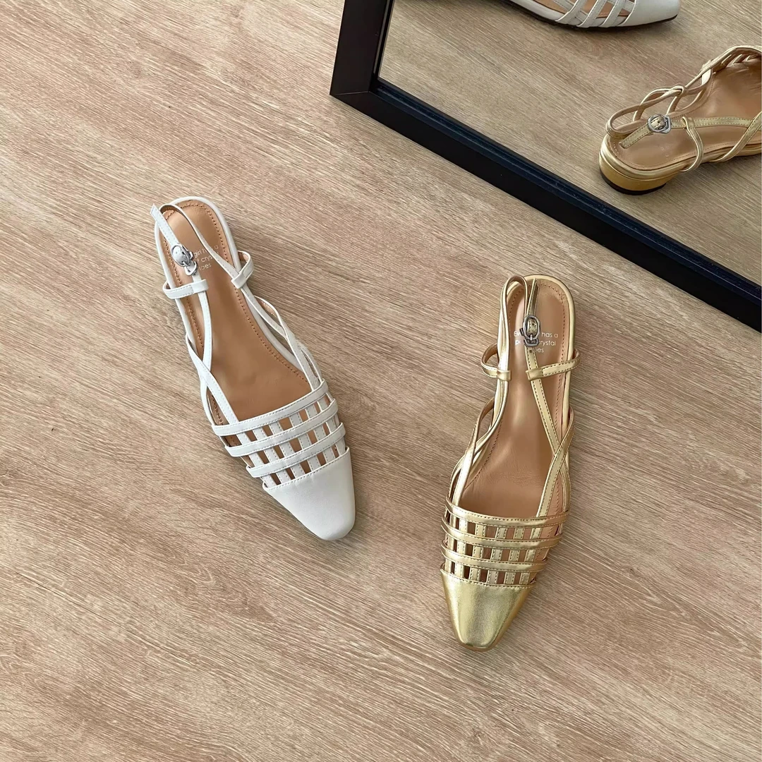 HUSSLOVE 牛皮·跟高2CM时尚百搭简约拼接镂空编织尖头包头凉鞋