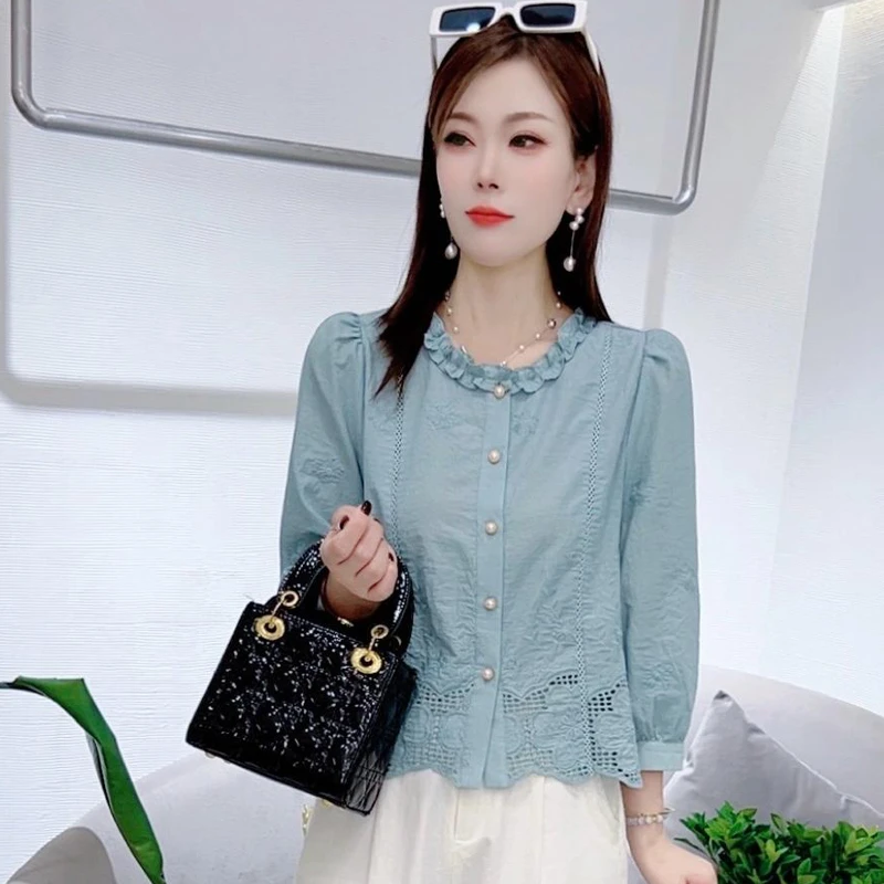 2025时尚衬衫早秋新款显瘦设计感气质小衫小众七分袖上衣百搭衬衣